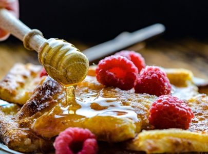 Image of Pancakes with Rasberries and honey